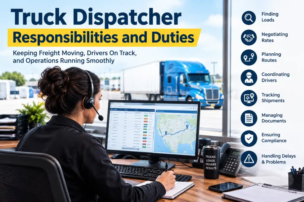 Truck dispatcher managing loads, routes, drivers, shipments, and trucking operations